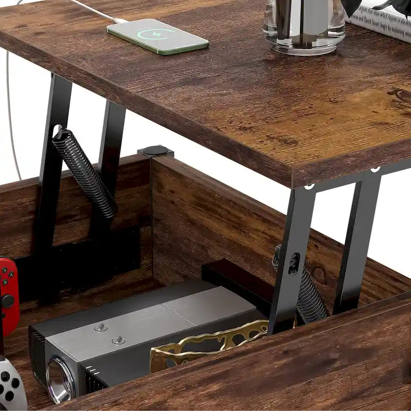 Table basse moderne de style campagnard avec plateau relevable, port USB et lumière LED, table d'appoint pour salon