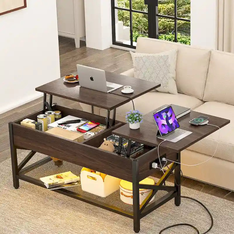 Table basse moderne de style campagnard avec plateau relevable, port USB et lumière LED, table d'appoint pour salon