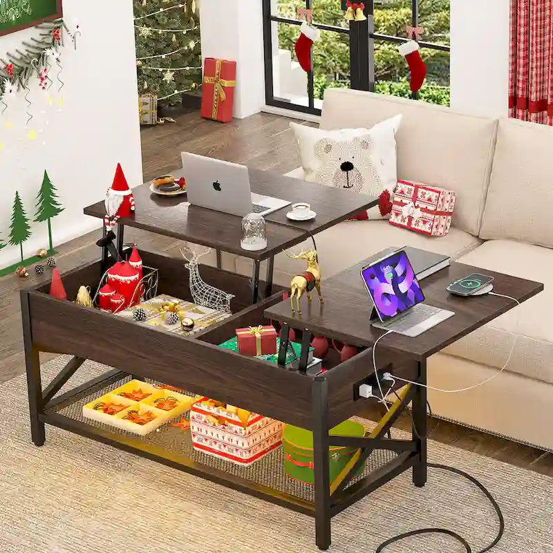 Table basse moderne de style campagnard avec plateau relevable, port USB et lumière LED, table d'appoint pour salon