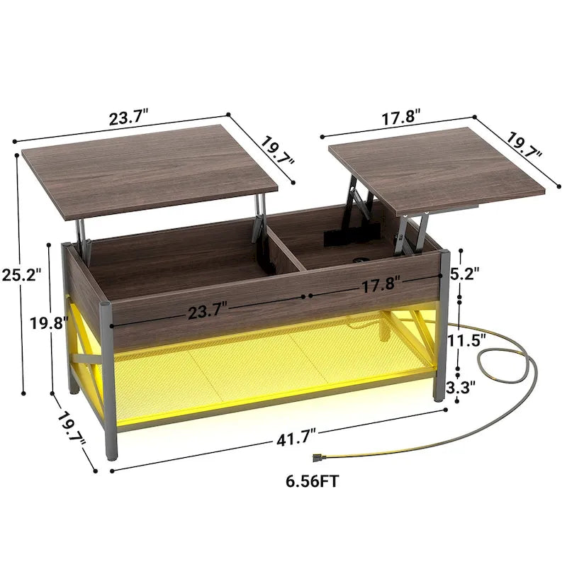 Table basse moderne de style campagnard avec plateau relevable, port USB et lumière LED, table d'appoint pour salon