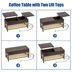 Table basse moderne de style campagnard avec plateau relevable, port USB et lumière LED, table d'appoint pour salon