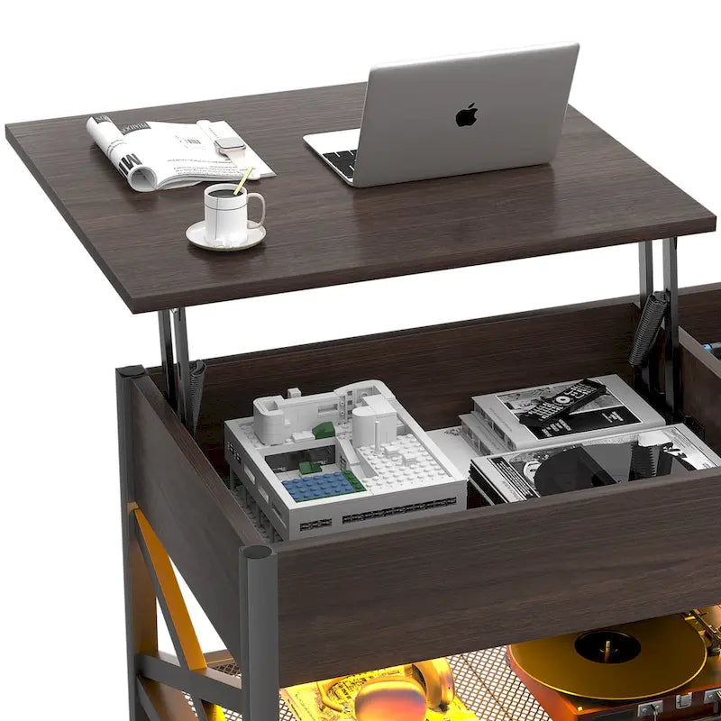 Table basse moderne de style campagnard avec plateau relevable, port USB et lumière LED, table d'appoint pour salon