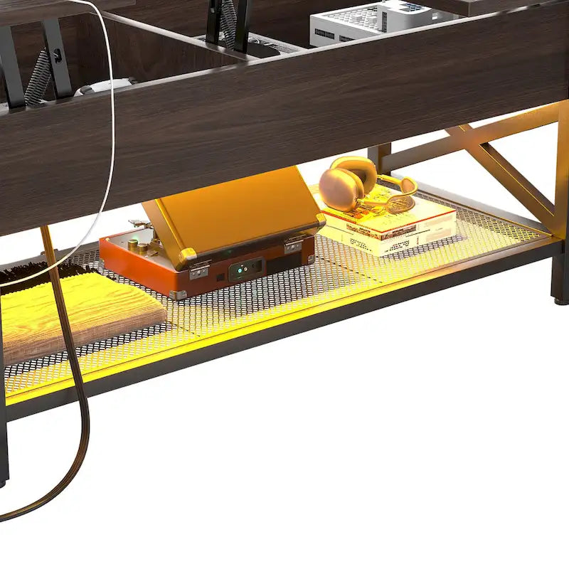 Table basse moderne de style campagnard avec plateau relevable, port USB et lumière LED, table d'appoint pour salon