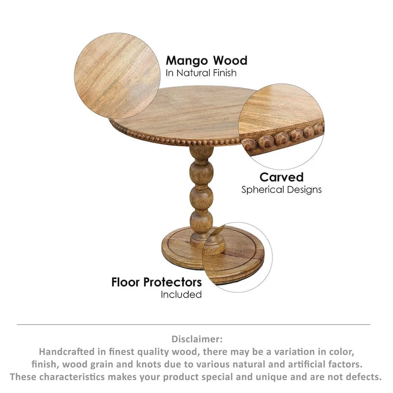 Table d'appoint de 53 cm (21 pouces), plateau rond, pieds en bois de manguier brun naturel