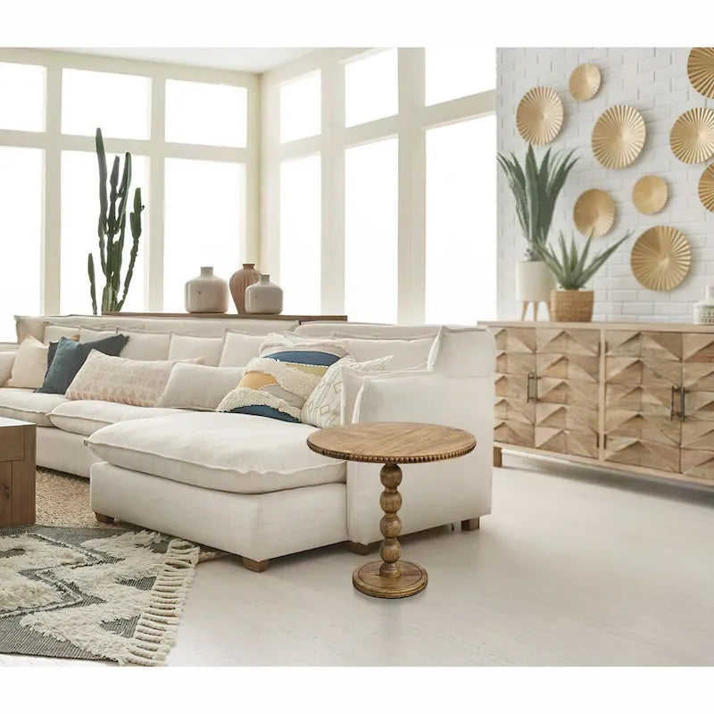 Table d'appoint de 53 cm (21 pouces), plateau rond, pieds en bois de manguier brun naturel