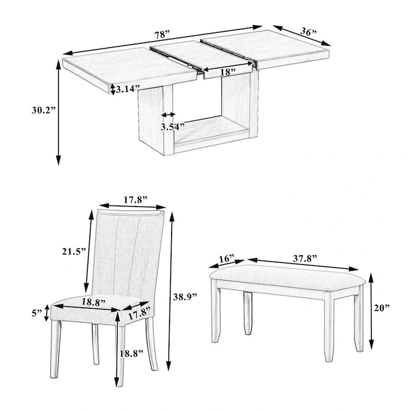 Ensemble de table à manger contemporaine extensible à piédestal 6 pièces de 198 cm (78 pouces)