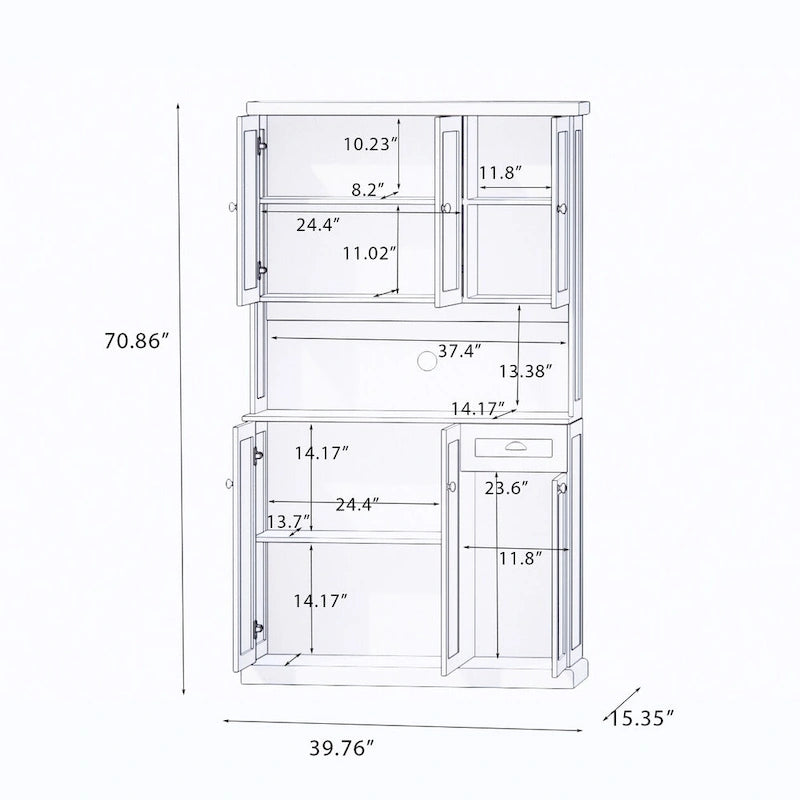 Meuble de rangement de cuisine 71 pouces avec comptoir pour four à micro-ondes, vaisselier avec étagères réglables, 6 portes, 1 tiroir