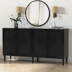 Anmytek 4-Door Black Rattan Buffet Sideboard Modern Accent Storage Cabinet with Adjustable Shelf - 63 W x 15.7 D x 35.4 H
