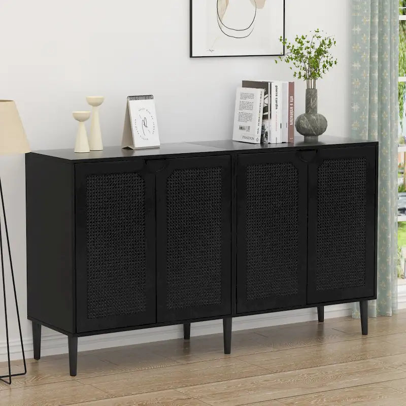 Buffet Anmytek à 4 portes en rotin noir, meuble de rangement moderne avec étagère réglable - 160 cm (L) x 40 cm (P) x 90 cm (H)