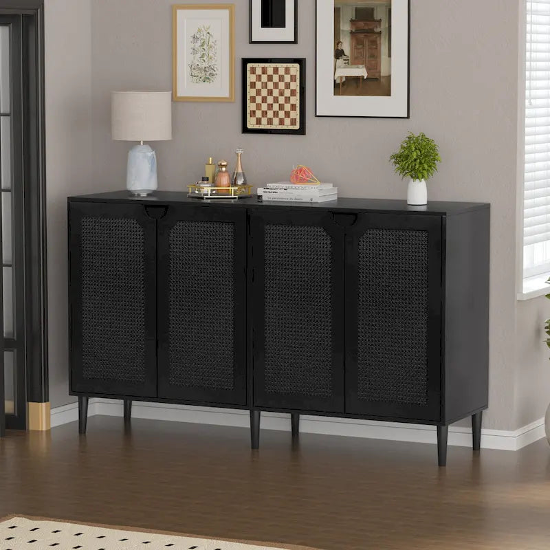 Buffet Anmytek à 4 portes en rotin noir, meuble de rangement moderne avec étagère réglable - 160 cm (L) x 40 cm (P) x 90 cm (H)