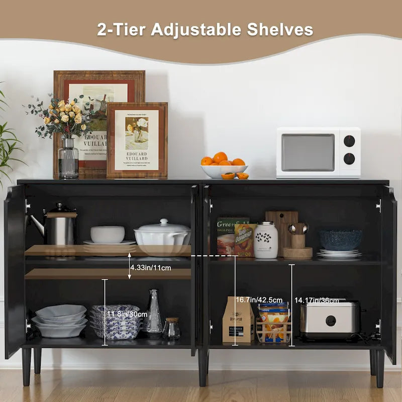 Buffet Anmytek à 4 portes en rotin noir, meuble de rangement moderne avec étagère réglable - 160 cm (L) x 40 cm (P) x 90 cm (H)
