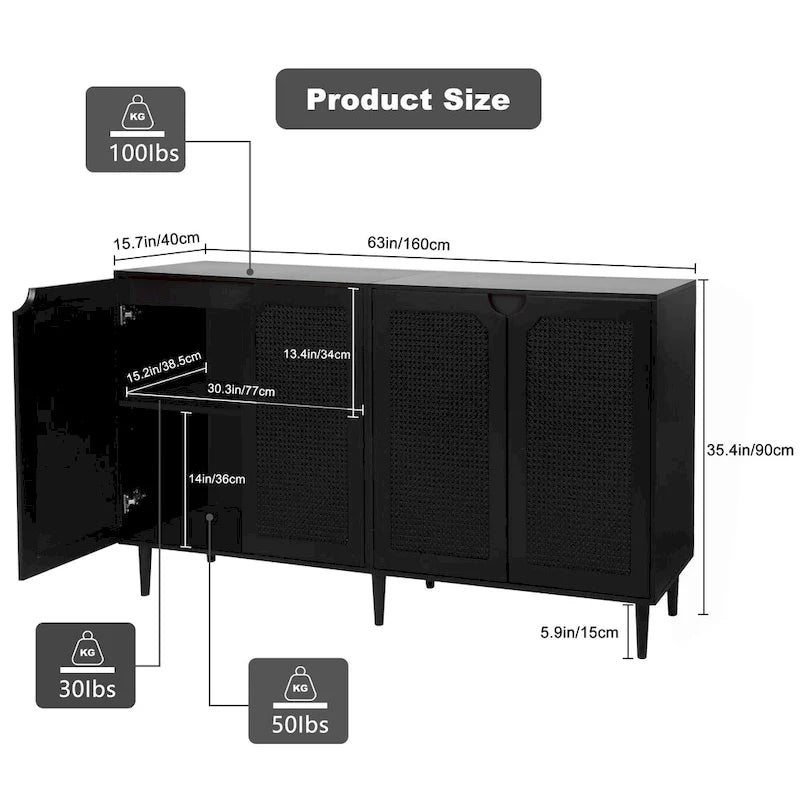Buffet Anmytek à 4 portes en rotin noir, meuble de rangement moderne avec étagère réglable - 160 cm (L) x 40 cm (P) x 90 cm (H)