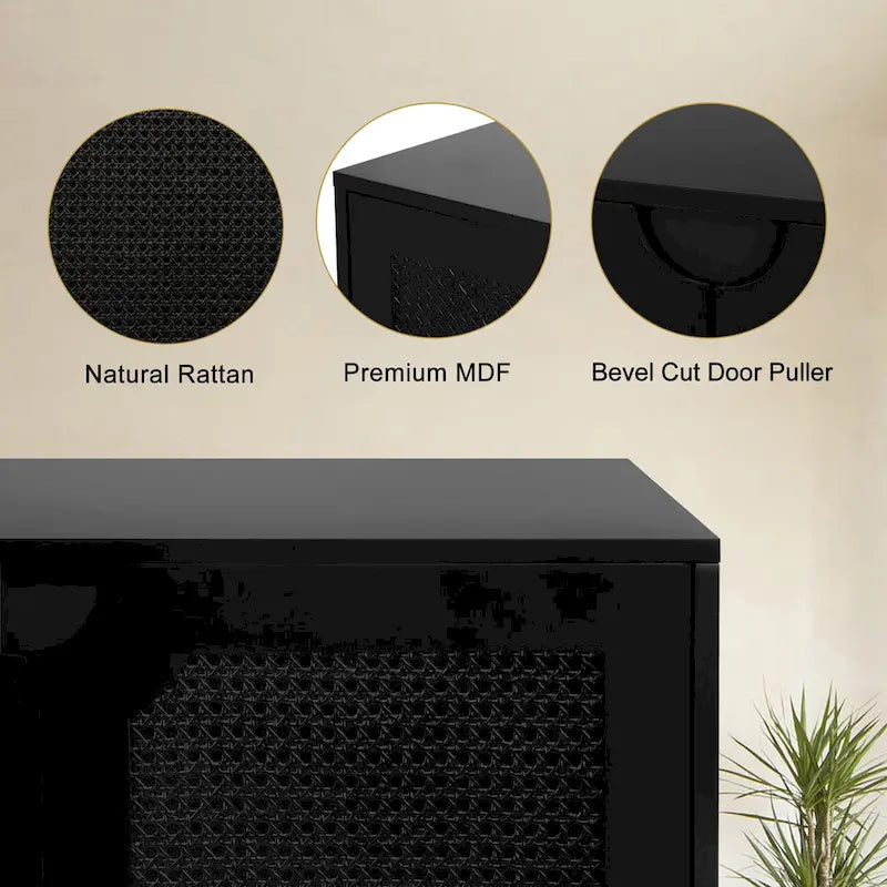 Buffet Anmytek à 4 portes en rotin noir, meuble de rangement moderne avec étagère réglable - 160 cm (L) x 40 cm (P) x 90 cm (H)