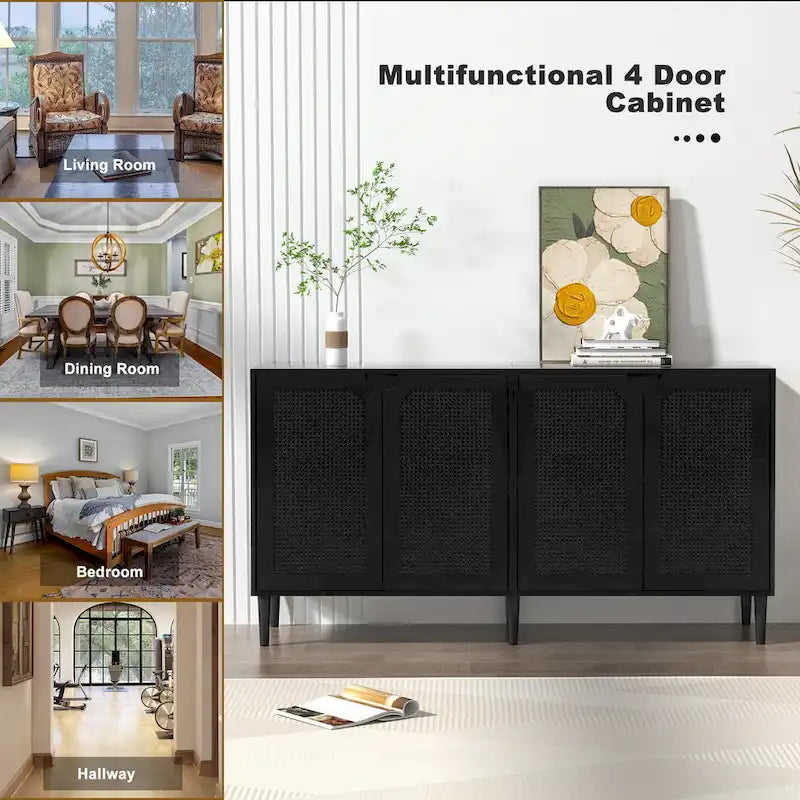 Buffet Anmytek à 4 portes en rotin noir, meuble de rangement moderne avec étagère réglable - 160 cm (L) x 40 cm (P) x 90 cm (H)