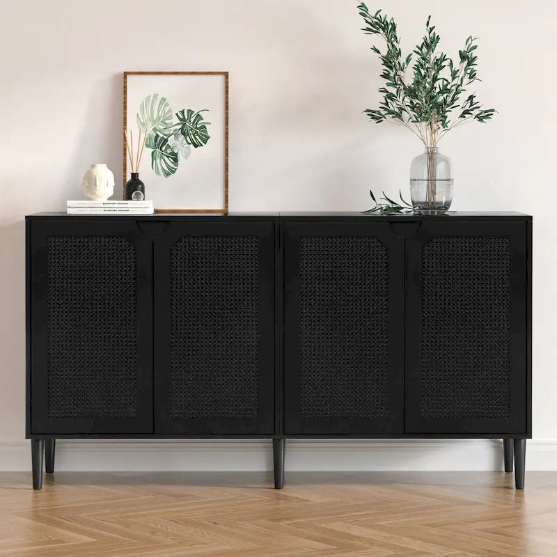 Buffet Anmytek à 4 portes en rotin noir, meuble de rangement moderne avec étagère réglable - 160 cm (L) x 40 cm (P) x 90 cm (H)