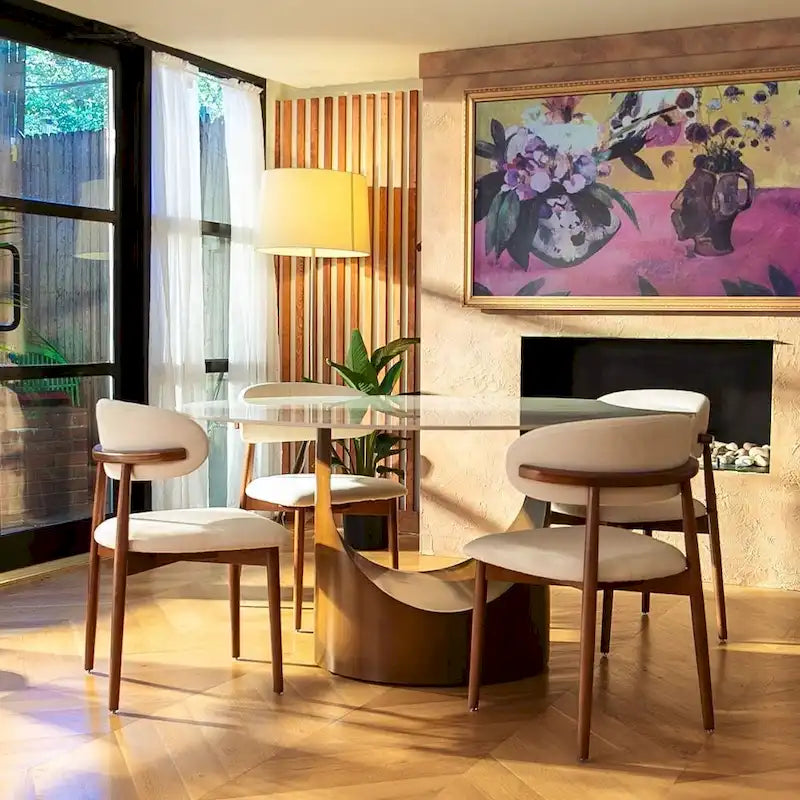 Table de salle à manger ronde moderne, plateau en pierre blanche brillante, pied en bronze carbone