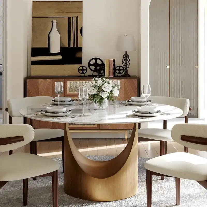 Table de salle à manger ronde moderne, plateau en pierre blanche brillante, pied en bronze carbone