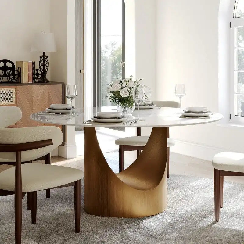 Table de salle à manger ronde moderne, plateau en pierre blanche brillante, pied en bronze carbone