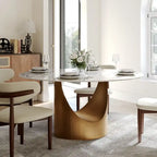 Table de salle à manger ronde moderne, plateau en pierre blanche brillante, pied en bronze carbone