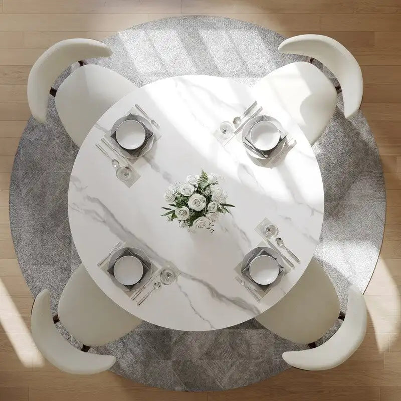 Table de salle à manger ronde moderne, plateau en pierre blanche brillante, pied en bronze carbone