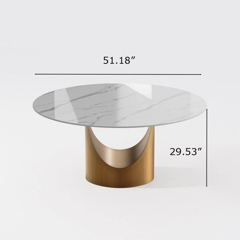 Table de salle à manger ronde moderne, plateau en pierre blanche brillante, pied en bronze carbone