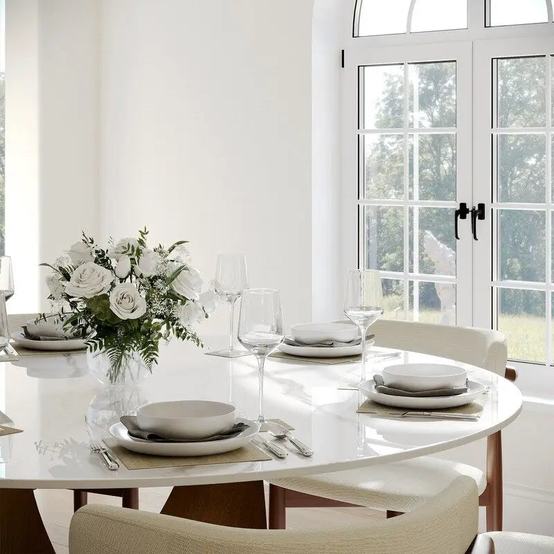 Table de salle à manger ronde moderne, plateau en pierre blanche brillante, pied en bronze carbone