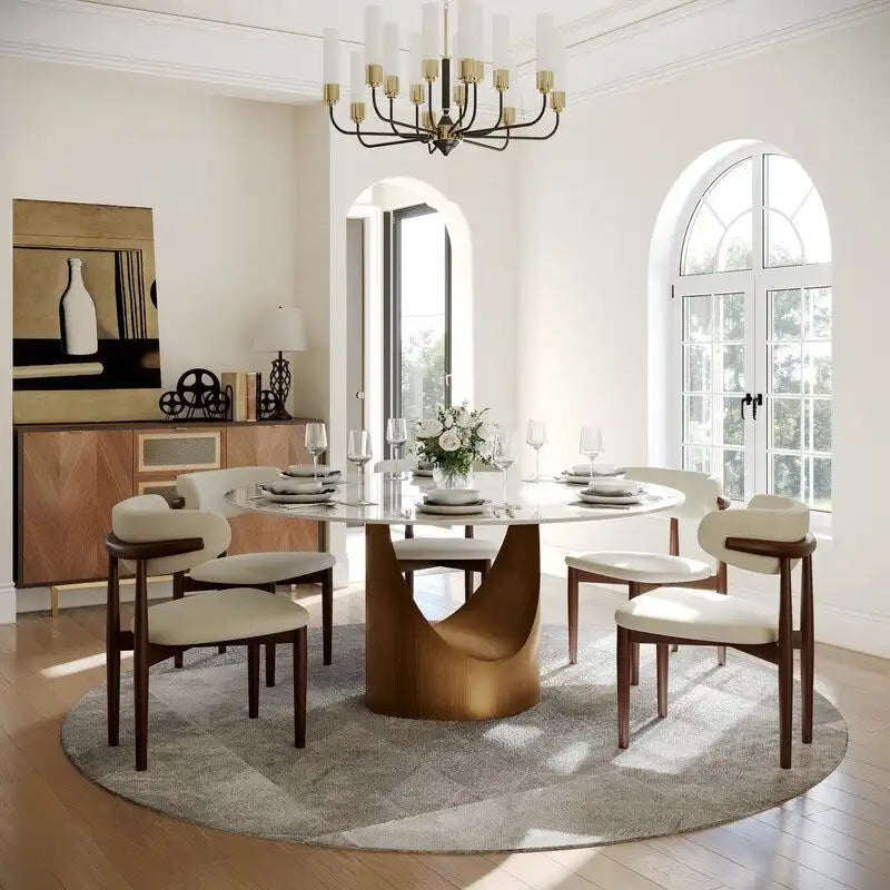 Table de salle à manger ronde moderne, plateau en pierre blanche brillante, pied en bronze carbone