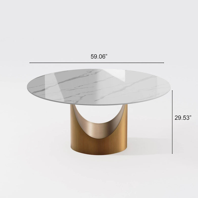 Table de salle à manger ronde moderne, plateau en pierre blanche brillante, pied en bronze carbone