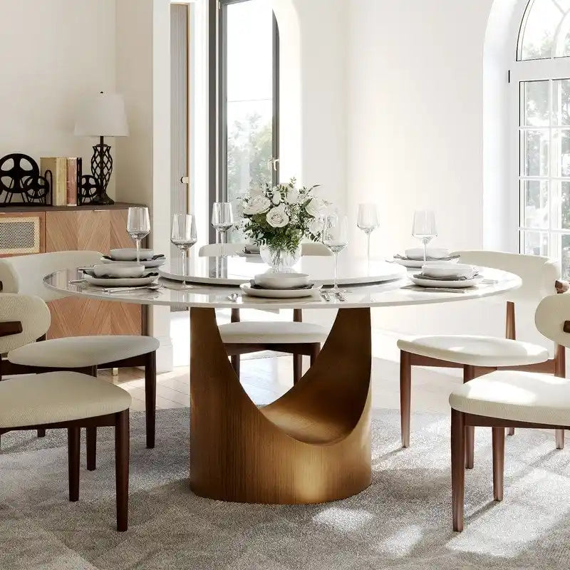 Table de salle à manger ronde moderne, plateau en pierre blanche brillante, pied en bronze carbone