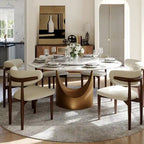 Table de salle à manger ronde moderne, plateau en pierre blanche brillante, pied en bronze carbone