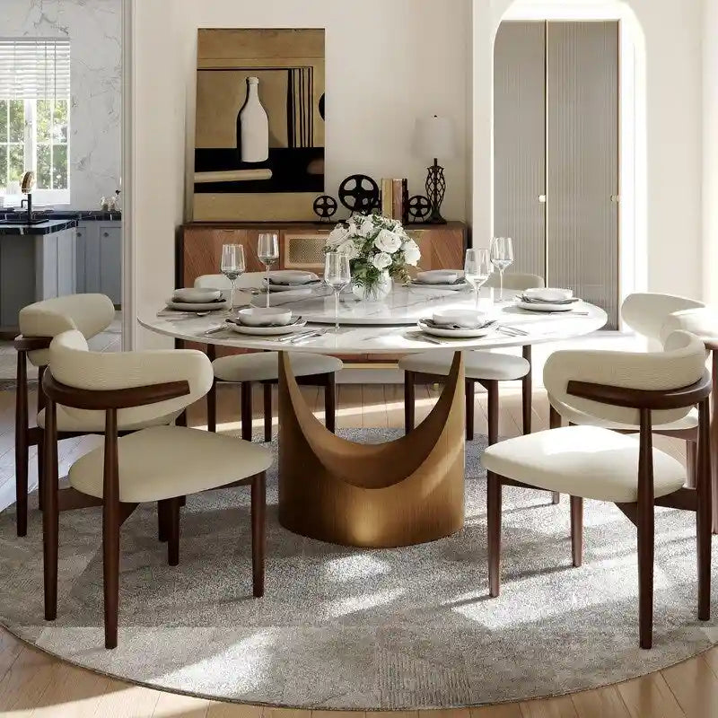 Table de salle à manger ronde moderne, plateau en pierre blanche brillante, pied en bronze carbone