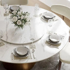 Table de salle à manger ronde moderne, plateau en pierre blanche brillante, pied en bronze carbone