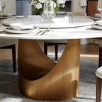 Table de salle à manger ronde moderne, plateau en pierre blanche brillante, pied en bronze carbone