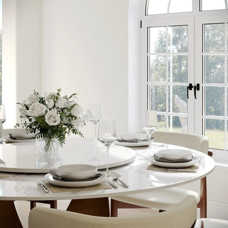 Table de salle à manger ronde moderne, plateau en pierre blanche brillante, pied en bronze carbone