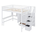 White Full Pine Loft Bed with Bookshelf, Drawers, Desk, Wardrobe, Storage Stair