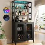 67 Tall Wine Bar Cabinet Liquor Cabinet with LED Lights  Glass Holder  Power Outlets,5-Tiers Corner Utensils Display Cabinet