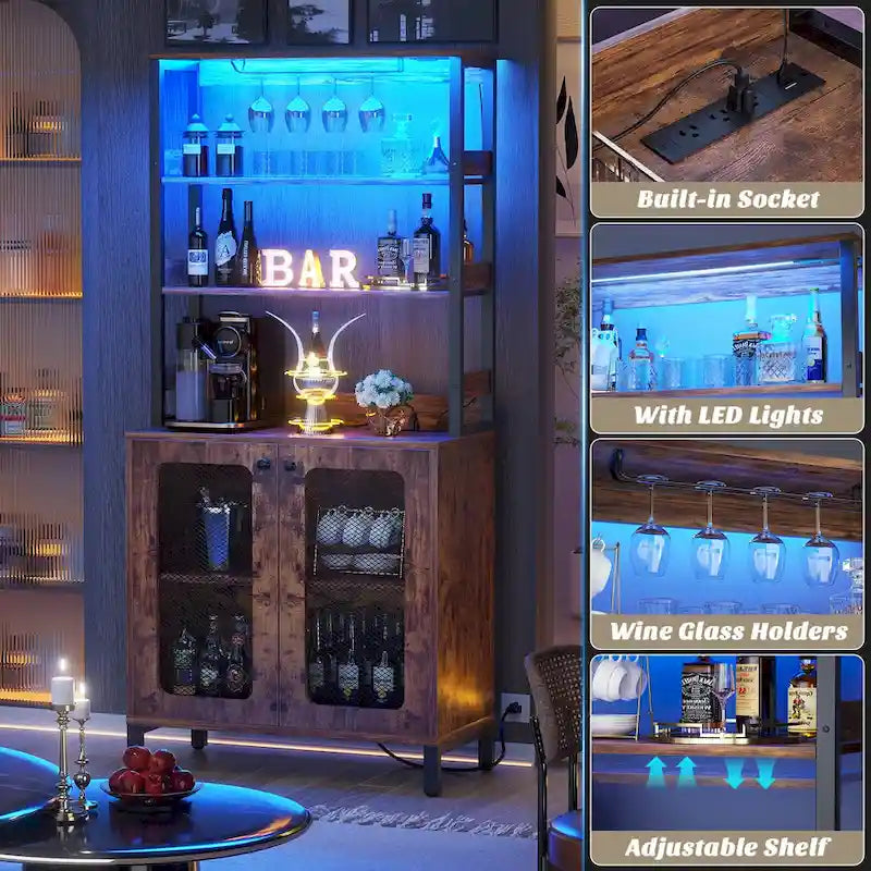 Meuble bar à vin de 67 pouces de haut avec éclairage LED, porte-verres, prises électriques et vitrine d'angle à 5 niveaux pour ustensiles.