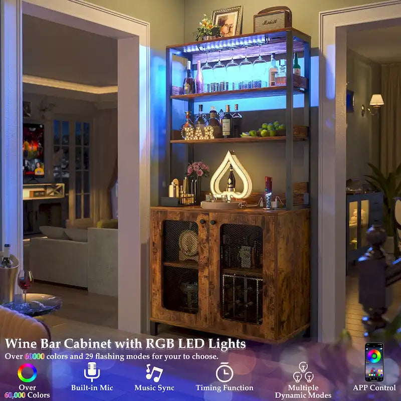 Meuble bar à vin de 67 pouces de haut avec éclairage LED, porte-verres, prises électriques et vitrine d'angle à 5 niveaux pour ustensiles.