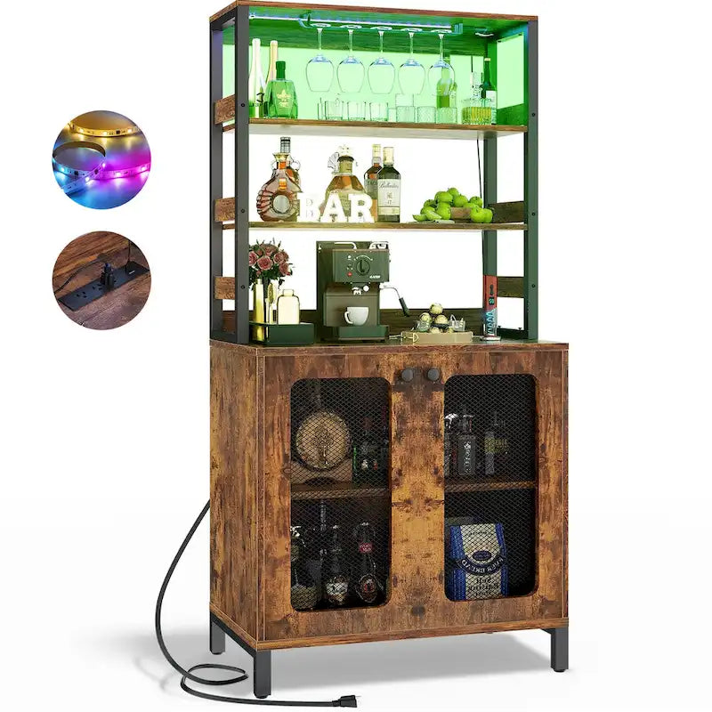 Meuble bar à vin de 67 pouces de haut avec éclairage LED, porte-verres, prises électriques et vitrine d'angle à 5 niveaux pour ustensiles.