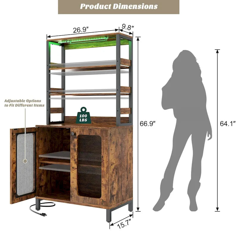 Meuble bar à vin de 67 pouces de haut avec éclairage LED, porte-verres, prises électriques et vitrine d'angle à 5 niveaux pour ustensiles.