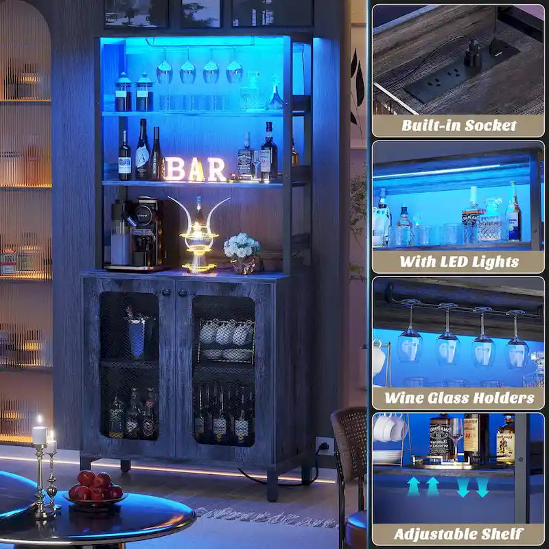 Meuble bar à vin de 67 pouces de haut avec éclairage LED, porte-verres, prises électriques et vitrine d'angle à 5 niveaux pour ustensiles.