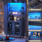 Meuble bar à vin de 67 pouces de haut avec éclairage LED, porte-verres, prises électriques et vitrine d'angle à 5 niveaux pour ustensiles.