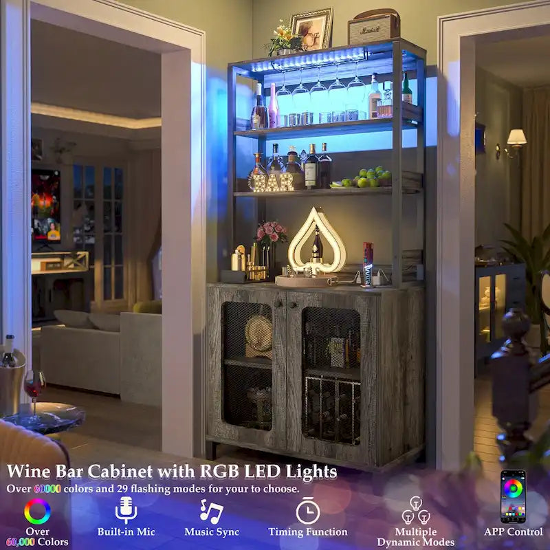 Meuble bar à vin de 67 pouces de haut avec éclairage LED, porte-verres, prises électriques et vitrine d'angle à 5 niveaux pour ustensiles.