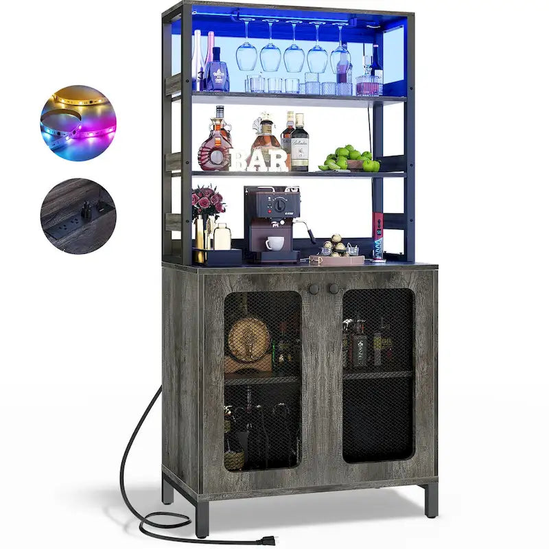 Meuble bar à vin de 67 pouces de haut avec éclairage LED, porte-verres, prises électriques et vitrine d'angle à 5 niveaux pour ustensiles.