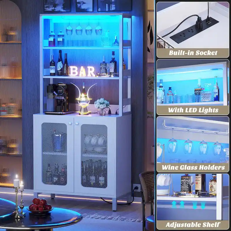 Meuble bar à vin de 67 pouces de haut avec éclairage LED, porte-verres, prises électriques et vitrine d'angle à 5 niveaux pour ustensiles.
