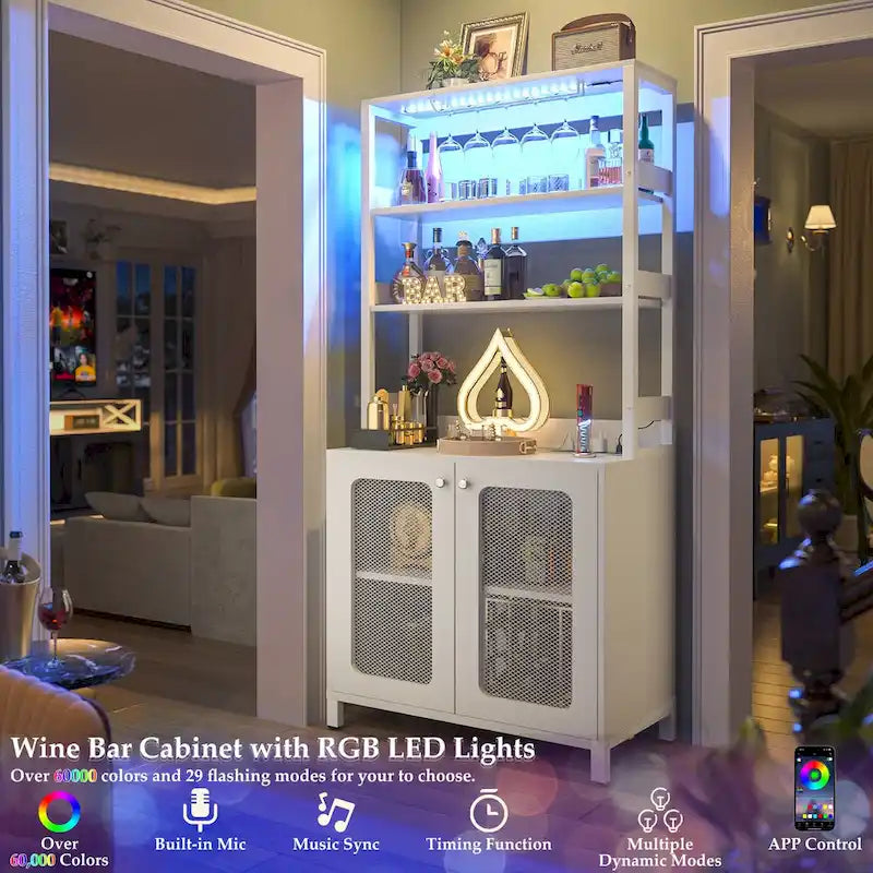 Meuble bar à vin de 67 pouces de haut avec éclairage LED, porte-verres, prises électriques et vitrine d'angle à 5 niveaux pour ustensiles.
