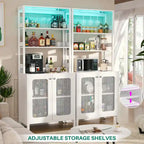 Meuble bar à vin de 67 pouces de haut avec éclairage LED, porte-verres, prises électriques et vitrine d'angle à 5 niveaux pour ustensiles.