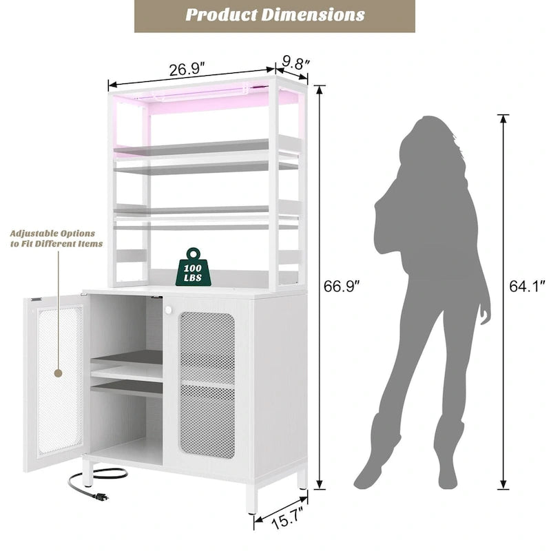 Meuble bar à vin de 67 pouces de haut avec éclairage LED, porte-verres, prises électriques et vitrine d'angle à 5 niveaux pour ustensiles.