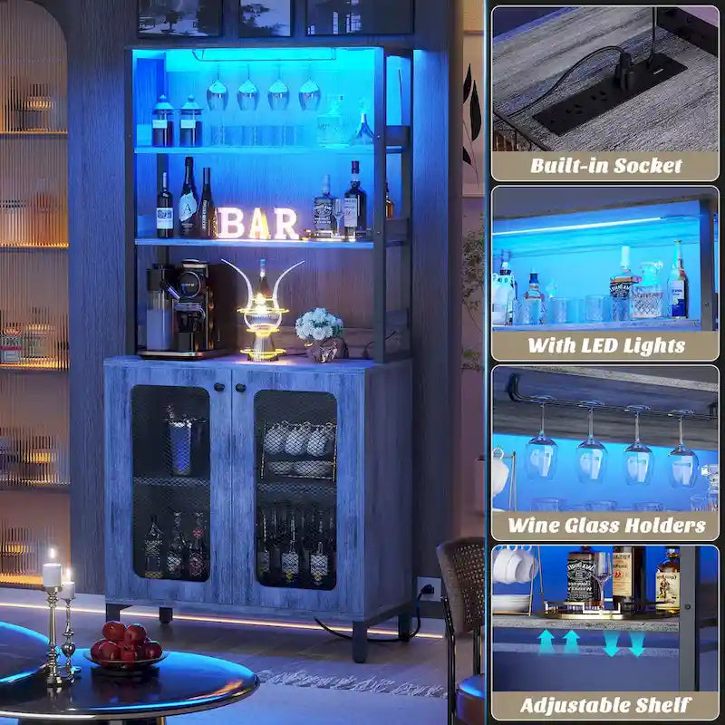 Meuble bar à vin de 67 pouces de haut avec éclairage LED, porte-verres, prises électriques et vitrine d'angle à 5 niveaux pour ustensiles.