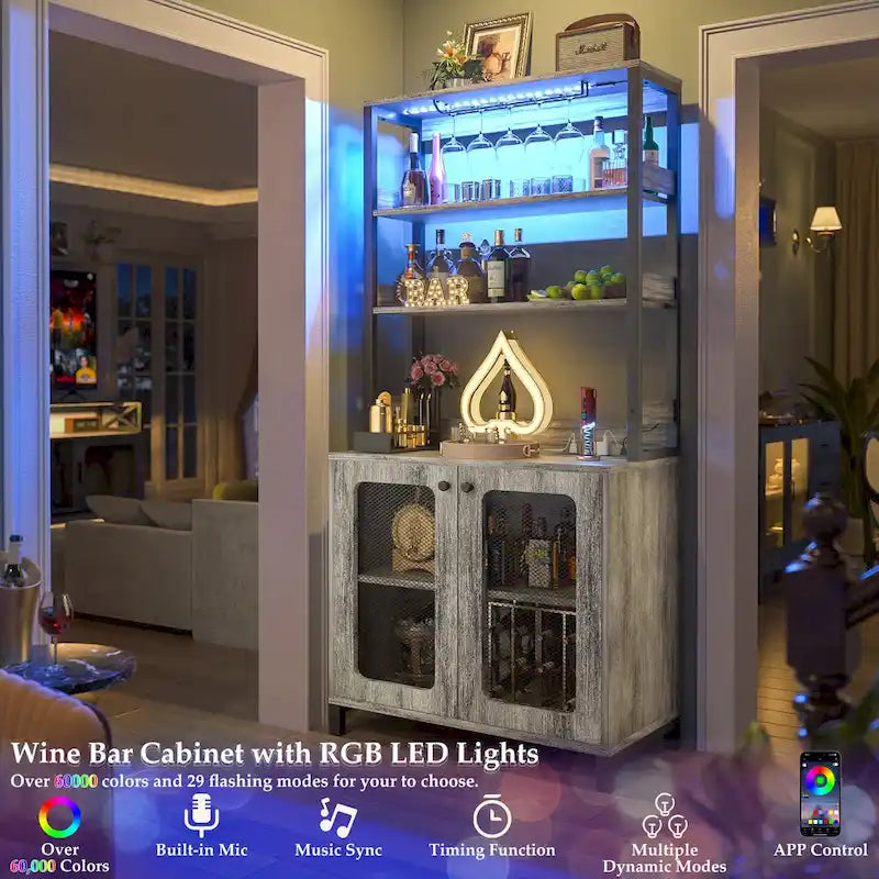 Meuble bar à vin de 67 pouces de haut avec éclairage LED, porte-verres, prises électriques et vitrine d'angle à 5 niveaux pour ustensiles.